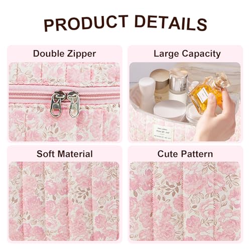 Pink Floral Quilted Makeup Bag Set – Large Travel Cosmetic Pouches for Women and Girls