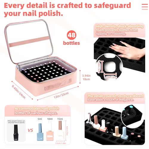 DERSTUEWE Pink Nail Polish Organizer Case Travel Bag with Hard Bottom & Adjustable Dividers