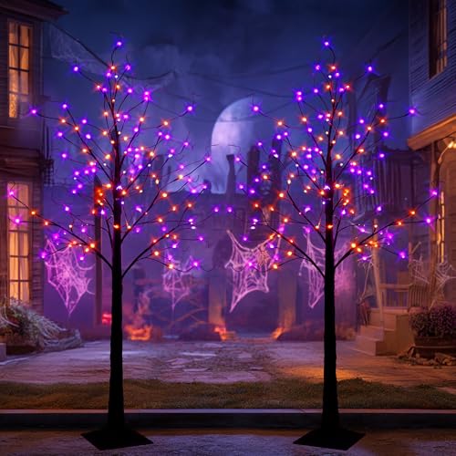 2 Pack 6FT Black Birch Halloween Tree with Purple & Orange LED Lights, Timer & Waterproof