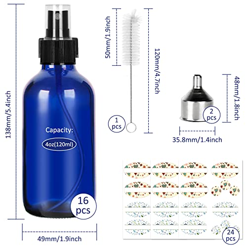 CycleMore Blue Glass Spray Bottles 16 Pack, 4oz Fine Mist Reusable Travel