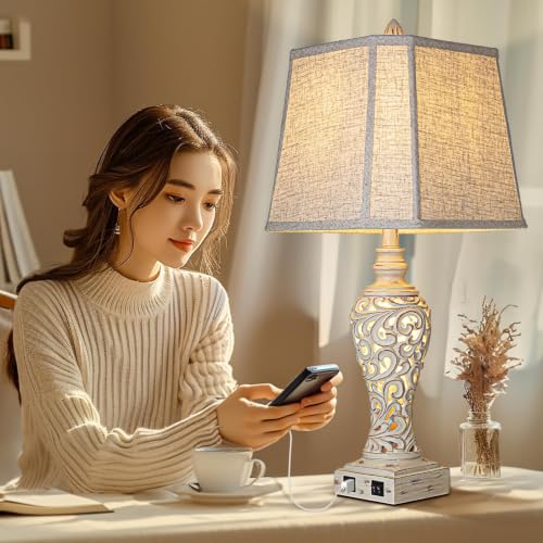 Cream Set of 2 28.5-Inch Bedside Table Lamps with Nightlight & USB Ports