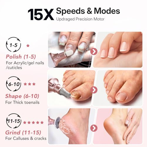 White Electric Toenail Grinder Set - 15X Professional Cordless Pedicure & Callus Remover