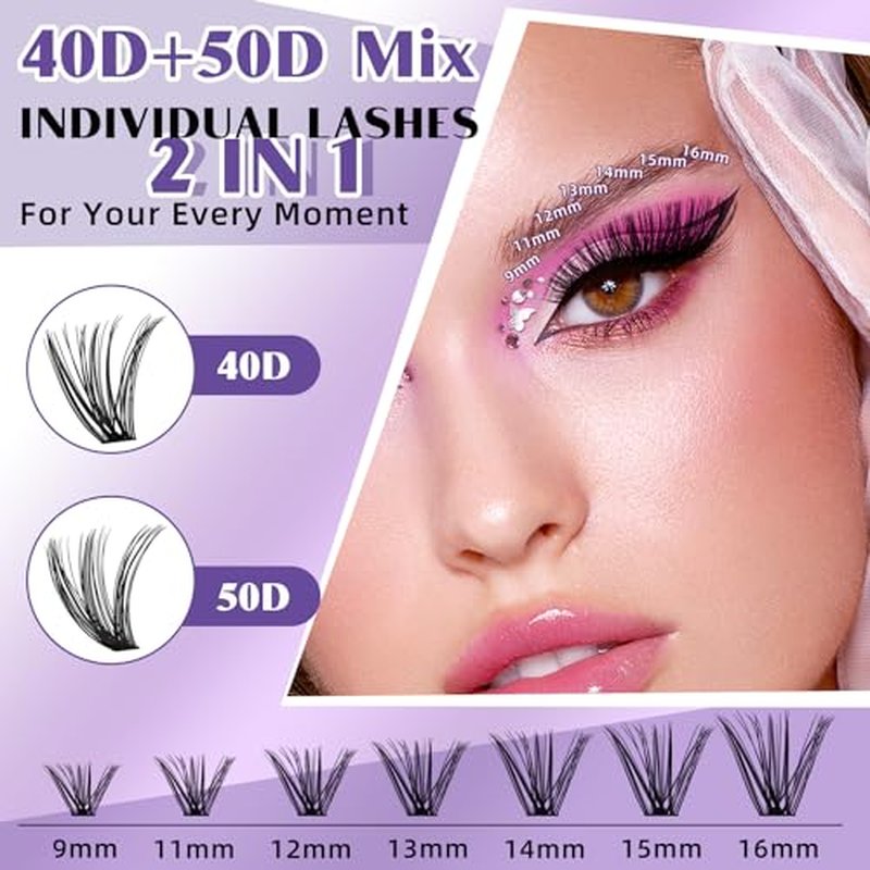 DIY Lash Extension Kit 280pcs Individual Lashes Cluster D Curl Eyelash Extension Kit Lash Clusters with Lash Bond and Seal and Lash Applicator Tool for Self Application (KIT,40D+50D-0.07C-9-16MIX)