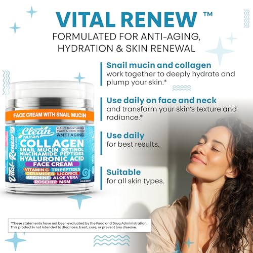 Vital Renew Snail Mucin Collagen Face Cream Daily Moisturizer Retinol Anti Aging Face Cream Niacinamide Peptides Hyaluronic Acid Vitamin C MSM Tripeptides Ceramides Licorice Arginine Aloe Vera