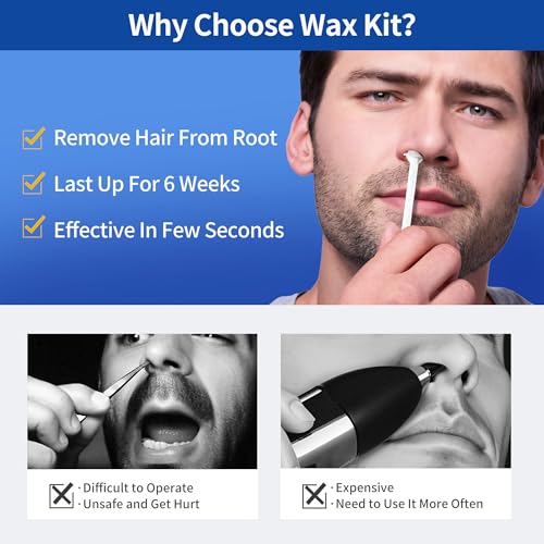 Beauty7 Nose Wax Kit for Men, 50g Waxing Beads, 30 Applicators, Face Wax Kit, Safe and Quick Waxing Kit, Nose Hair Removal, 10 Mustache Guards with Silicone Cup