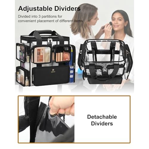 Relavel Large Clear Makeup Bags, Professional Makeup Artist Kit Set Bag with Removable Dividers, Travel Cosmetic Organizer Hairstylist Traveling Bag Transparent PVC Work Tote Bag Duffle Bag for Women