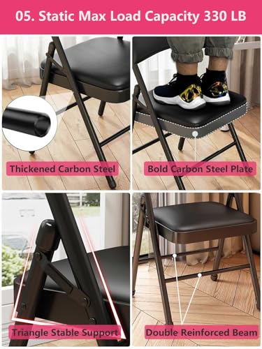 Black PU Leather Folding Chairs with Cushion 4 Pack Heavy Duty Steel - Variation: Black PU Leather