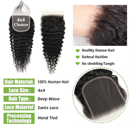 18 Inch Deep Wave Lace Closure Human Hair Extensions for Black Women - Free Part, Pre-Plucked, Natural Black