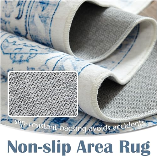 Distressed Blue 5x7 Vintage Floral Washable Area Rug - Blue/White