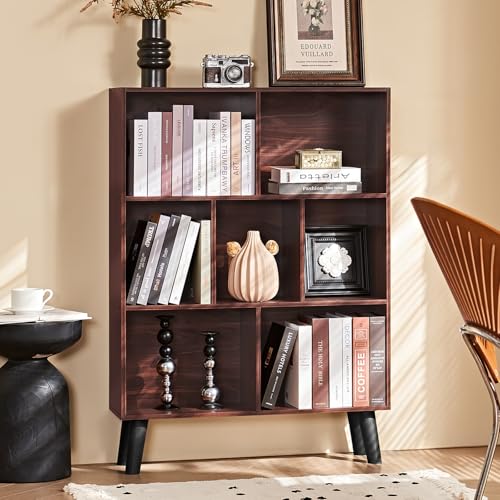 Walnut Cube Bookshelf with Legs - Mid-Century Modern 7 Cube Storage