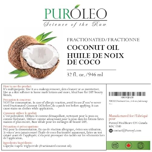PUROLEO Fractionated Coconut Oil 32 Fl Oz/946 ML (Packed in Canada) 100% Natural and odorless Moisturizer & Carrier Oil l Hair Skin Body, Aromatherapy, Massage, Makeup Remover