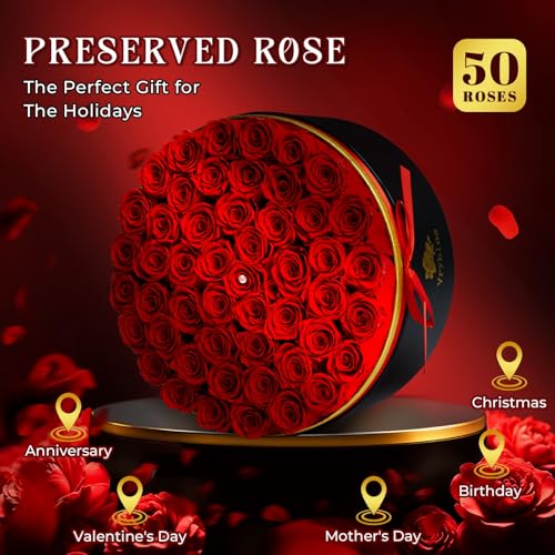 50 Red Preserved Forever Roses in Heart-Shaped Gift Box - Wedding Gift for Her - Variation of 50 Roses / Red 50 Roses