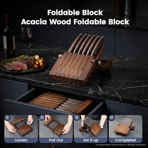 Foldable Steak Knife Set of 6 with Acacia Wood Block - Safe & Sharp Kitchen Knives