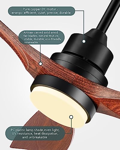 Forrovenco 52 Inch Black Walnut Ceiling Fan with Light & Remote Modern Indoor Outdoor