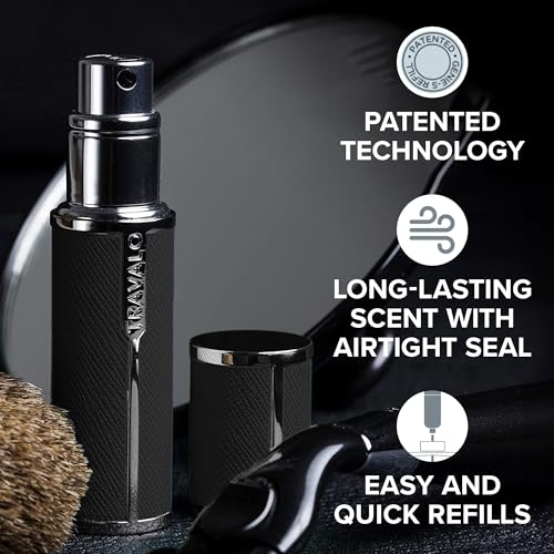 Travalo Milano Perfume Atomizer - Leak-Proof and TSA Approved for Air Travel - Reusable, Airtight, Easy Fill Mini Pump Sprayer - Lightweight Vegan Leather with Polished Metal Outer Shell - Black