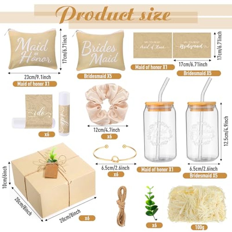 54 Pcs Bridesmaid Proposal Gifts, Maid of Honor Bride Gift Include Wedding Gift Box Makeup Bag Invited Card Glass Cup Lip Balm Scrunchie Bracelet for Bridal Shower Party(Beige)