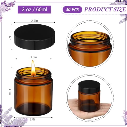 KYMQLYW 50 Pack Amber Glass Jars 2 oz with Black Leakproof Lids for Cosmetics & Candle Making