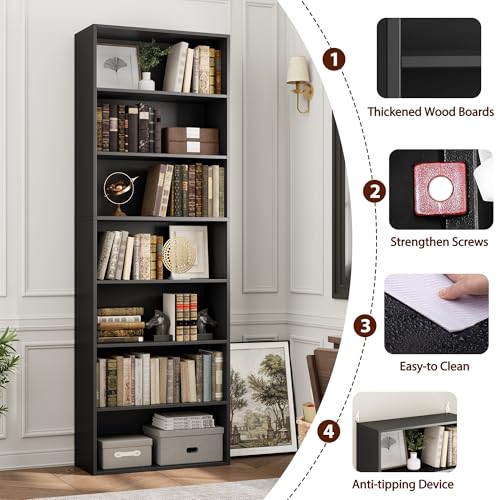 Tall Black Bookshelf 7-Tier Open Storage Shelves - 82 Inches