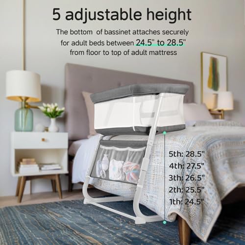 Cowiewie Dark Grey Bedside Baby Bassinet with 5-Height Adjustment, Breathable Mesh, Space-Saving Co-Sleeper
