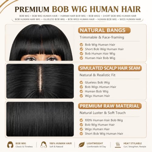 Black Short Bob Wig with Bangs - 12 Inch Synthetic Glueless Wig for Women - Amaattee