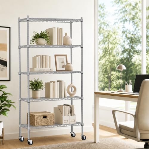 UEAKPIC 5-Tier Wire Shelving Unit Silver-Gray 29.5" W x 13.8" D x 61" H - Heavy Duty Metal Storage Rack with Wheels & Adjustable Shelves