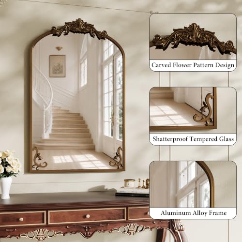 Vintage Wall Mirror 36x24 Inch Arched Antique Frame - Dark Gold Bronze