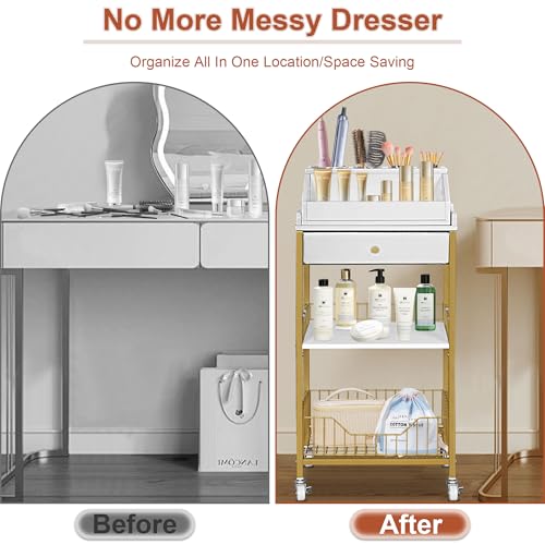 Makeup Organizer Cart with Detachable Hair Tool Holder - Gold, 15-Inch Wide