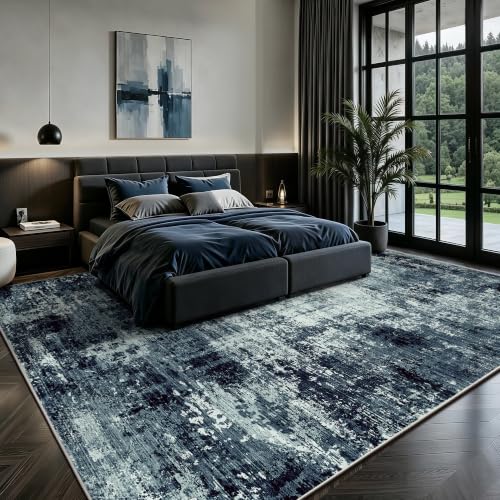 8' x 10' Blue Modern Abstract Washable Rug - Non-Slip Low Pile Floor Carpet for Living Room, Bedroom, Office, Nursery - C-dark Blue