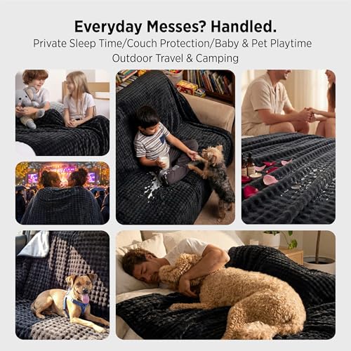 Queen Waterproof Fleece Dog Blanket - Reversible Bubble Bed Protector, Black/Grey
