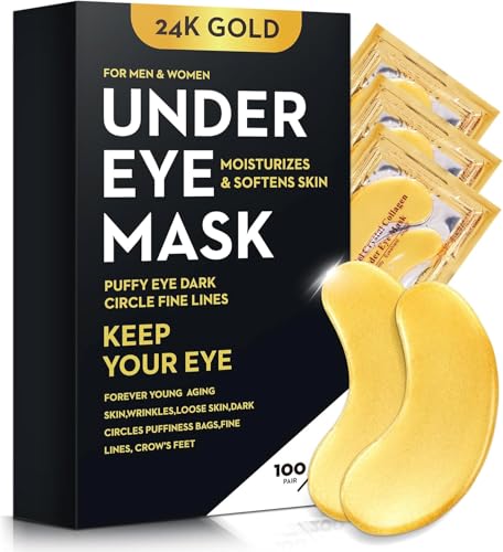 100 Pairs Gold Under Eye Patches for Dark Circles & Wrinkles - 24K Gold Eye Mask, Bukamkom, Pack of 100