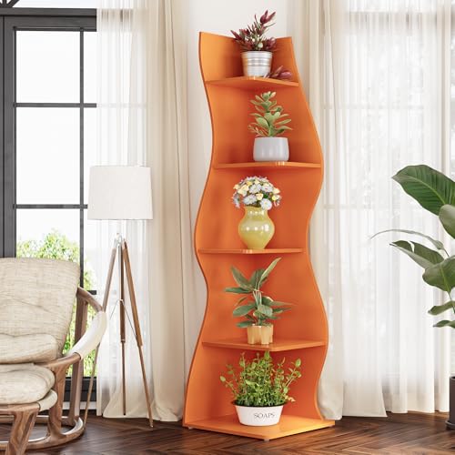 LITTLE TREE Small Corner Shelf - 5-Tier Wall Wavy Bookshelf in Orange, Space-Saving Modern Design