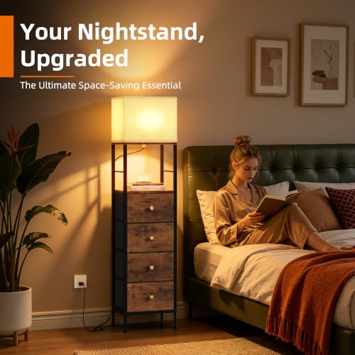 Tall Nightstand with Light & 4 Fabric Drawers - Rustic Brown, 60.4"