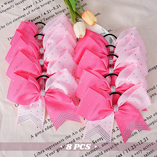 DEEKA Pack of 10 Large Cheer Hair Bows 8" with Rhinestones for Girls, Softball & Cheerleader Sports - Light Pink/Hot Pink