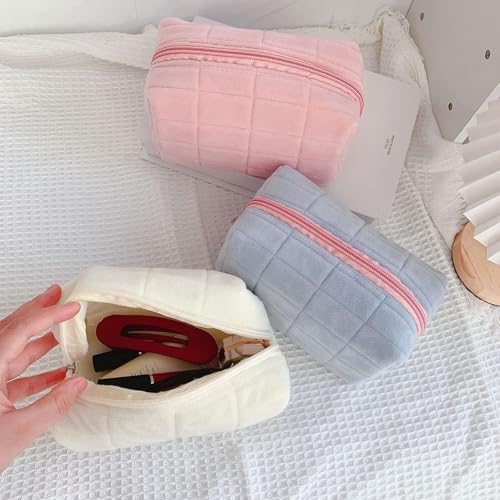 Pink White Checkered Y2K Makeup Cosmetic Bag - Small Plush Travel Pouch