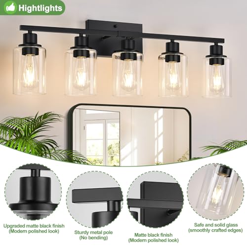 Indoi 5-Light Matte Black Bathroom Vanity Light with Clear Glass Shades – Modern Wall Lamp (Matte Black & Clear Glass)