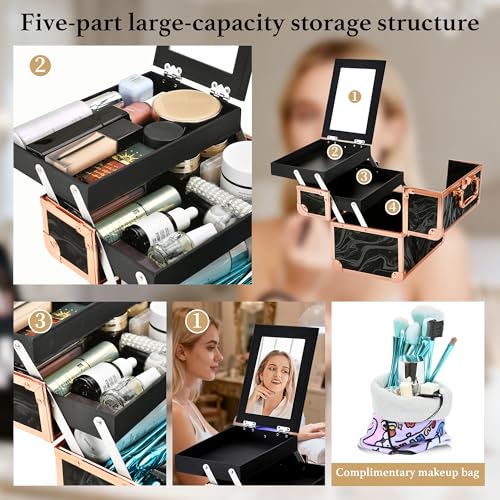 GALHUBIS Rose Gold Black Makeup Train Case with Mirror & 2 Trays - Portable Cosmetic Organizer for Salon & Travel