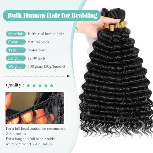 Benafee 28 Inch Water Wave Human Braiding Hair for Crochet & Boho Braids - No Weft, 100G, Natural Color