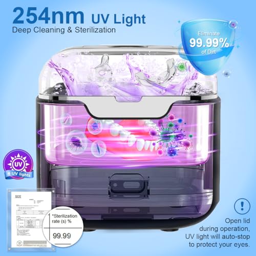 Ultrasonic Retainer Cleaner Machine Black 48kHz with UV & 4 Modes for Dentures, Mouth Guards & Jewelry