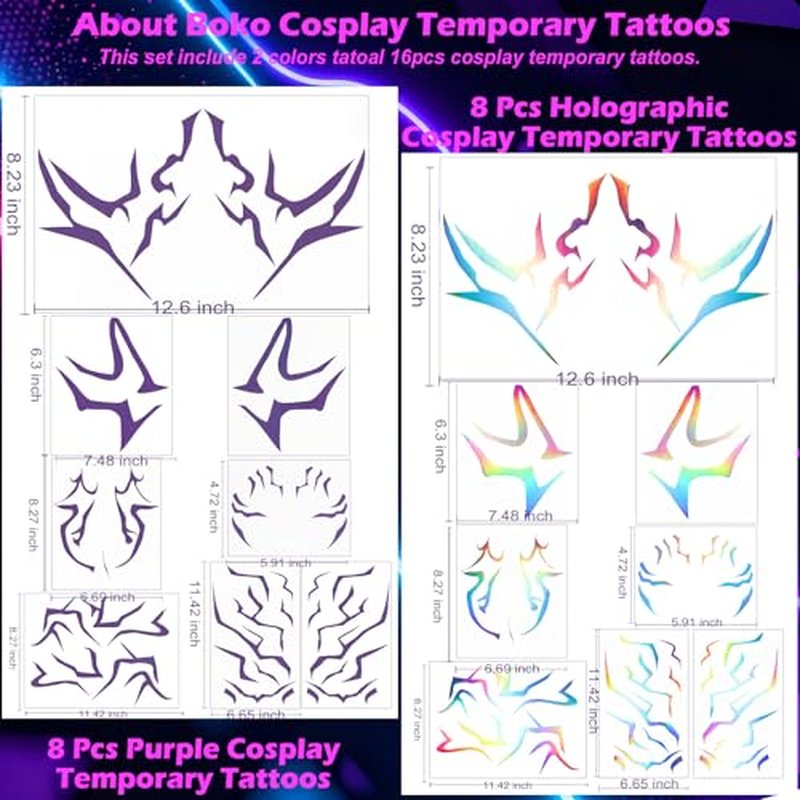 Boko Movie Anime Purple Temporary Tattoos Dance Cosplay, Holographic Glitter Temporary Tattoos, Full Body Cosplay Tattoo Sticker for Themed Party Music Festivals Halloween Prop Accessories (16Pcs)