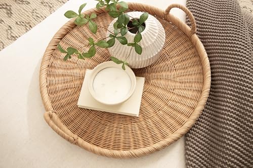 Kate and Laurel 22.4-Inch Natural Woven Rattan Serving Tray with Handles - Boho Style