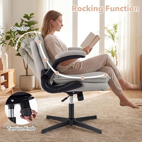 Giantex Beige Criss Cross Office Chair with Flip-Up Arms - 30" Wide Padded Seat, Ergonomic Swivel Desk Chair for Home & Bedroom