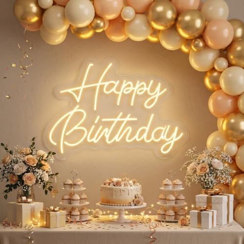 Happy Birthday Neon Sign 22x16.9in Dimmable Warm White LED Light - 12V Version