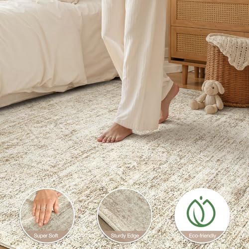 Beige Brown 8x10 Abstract Distressed Washable Area Rug for Living Room