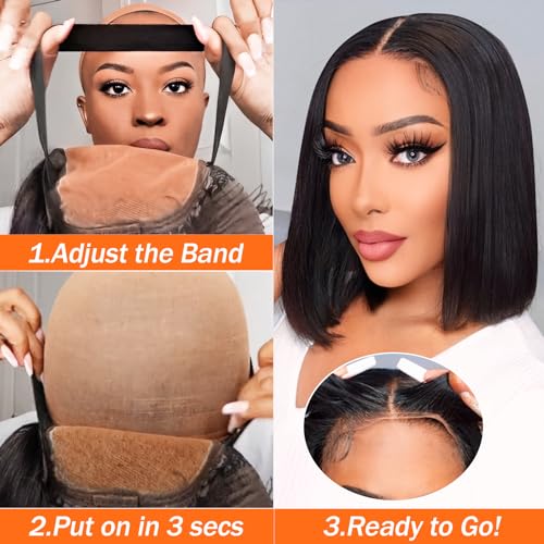 AISI Bob Wig Human Hair Glueless Wigs Human Hair Pre Plucked Pre Cut 4x4 HD Lace Front Put On and Go Glueless Wigs Human Hair 180% Density Short Straight Bob Wigs for Black Women 8 inch
