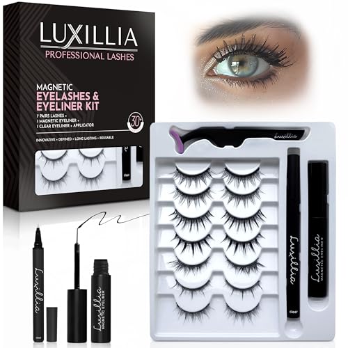 Luxillia 10-Piece Clear & Black Magnetic Eyelashes with Applicator & Magnetic Eyeliner Kit ? Reusable Natural Magnetic Lashes ? Easy Apply Lash Kit for Beginners ? Waterproof Dramatic Looks