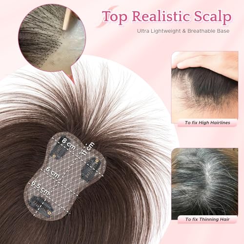 Human Hair Topper with Wispy Bangs for Women - 3.14x4.33 inch Clip-In Volume Enhancer Dark Brown #B-02