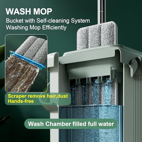 JOYMOOP Green Flat Mop System with 3 Microfiber Pads & Bucket Set - Commercial & Household Floor Cleaning
