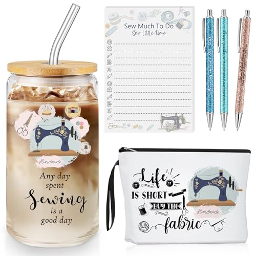 Kacctyen 6 Pcs Sewing Gifts for Quilters Sewing Enthusiast Notions Canvas Makeup Bag 16.9 oz Glass Tumbler 100 Sheets to Do List Notepad and 3 Ballpoints Pens Quilting Lover Gifts for Women