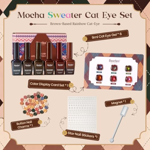 Beetles Mocha Sweater Cat Eye Gel Nail Polish Set, 6 Colors, 9ml - Brown Nude Gold Variation