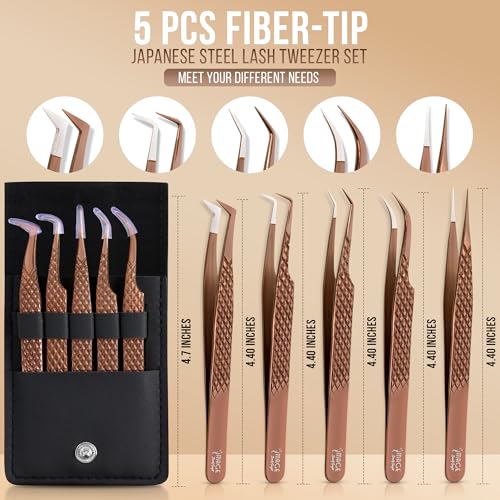 Rose Gold Fiber Tip Eyelash Extension Tweezers 5 Pcs Set with Leather Case
